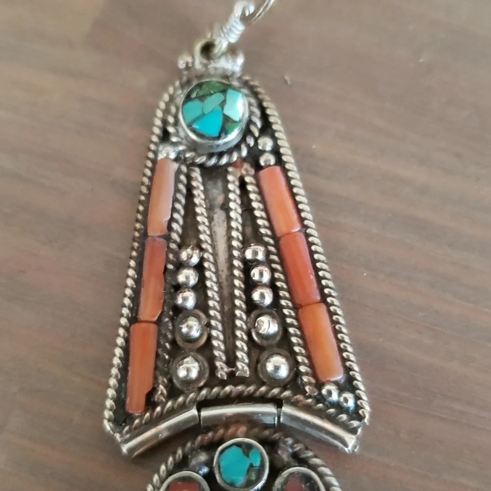Vintage Turquoise and Coral Dangle Statement Tibethan Earrings